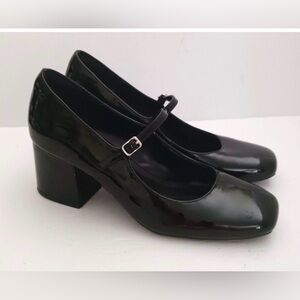 EUC Jenn Ardor Black Patent Mary Jane Pump Chunky Block Heel Square Toe 9M